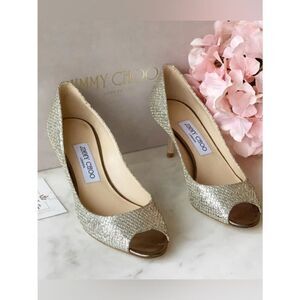 Jimmy Choo “Isabel” Metallic Champagne Peep-Toe Pumps. Authentic. 2.5 inch heels